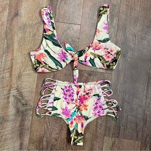 Dippin' Daisy's Tropical Printed High Waisted Tie Front Bikini Size Small